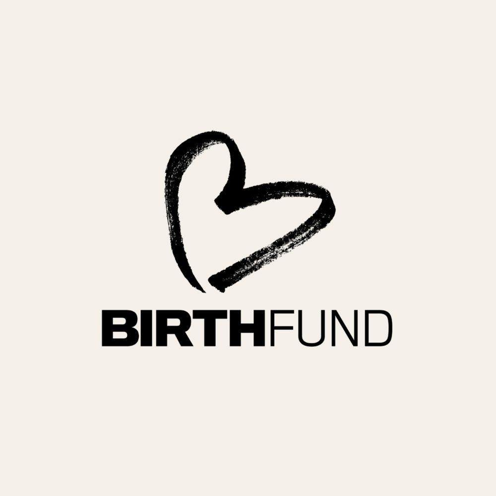 A black brushstroke heart sits above the bold “BIRTH” and thin “FUND” text on a light beige background for the Donate to Birthfund campaign by PURE MAMA Skincare USA.