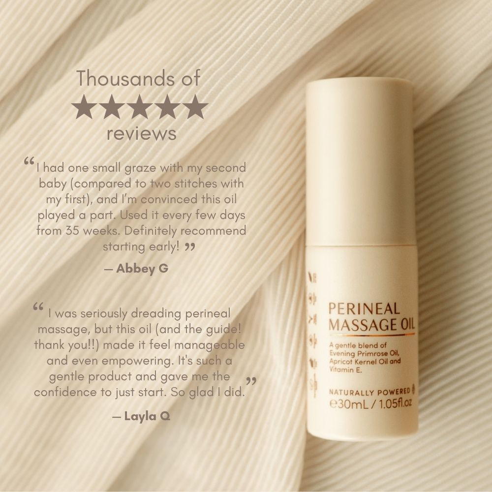 A beige bottle of Pure Mama NZ Perineal Massage Oil stands upright on soft, textured fabric, surrounded by customer reviews, star ratings, and comments about its effectiveness in improving skin elasticity and helping prevent perineal tearing.