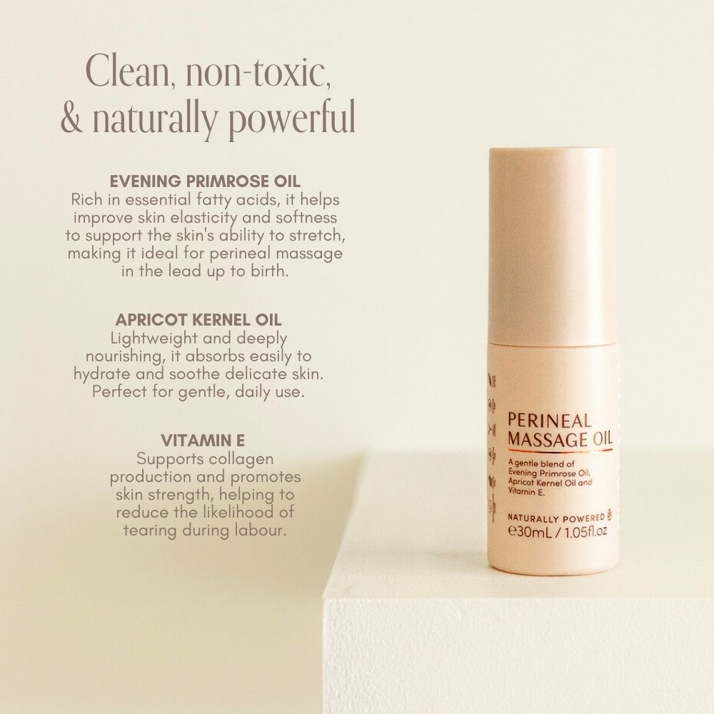 A bottle of Pure Mama NZ Perineal Massage Oil rests on a light surface, with text highlighting its clean, non-toxic formula and key ingredients—crafted to support skin elasticity and help reduce the risk of perineal tearing.