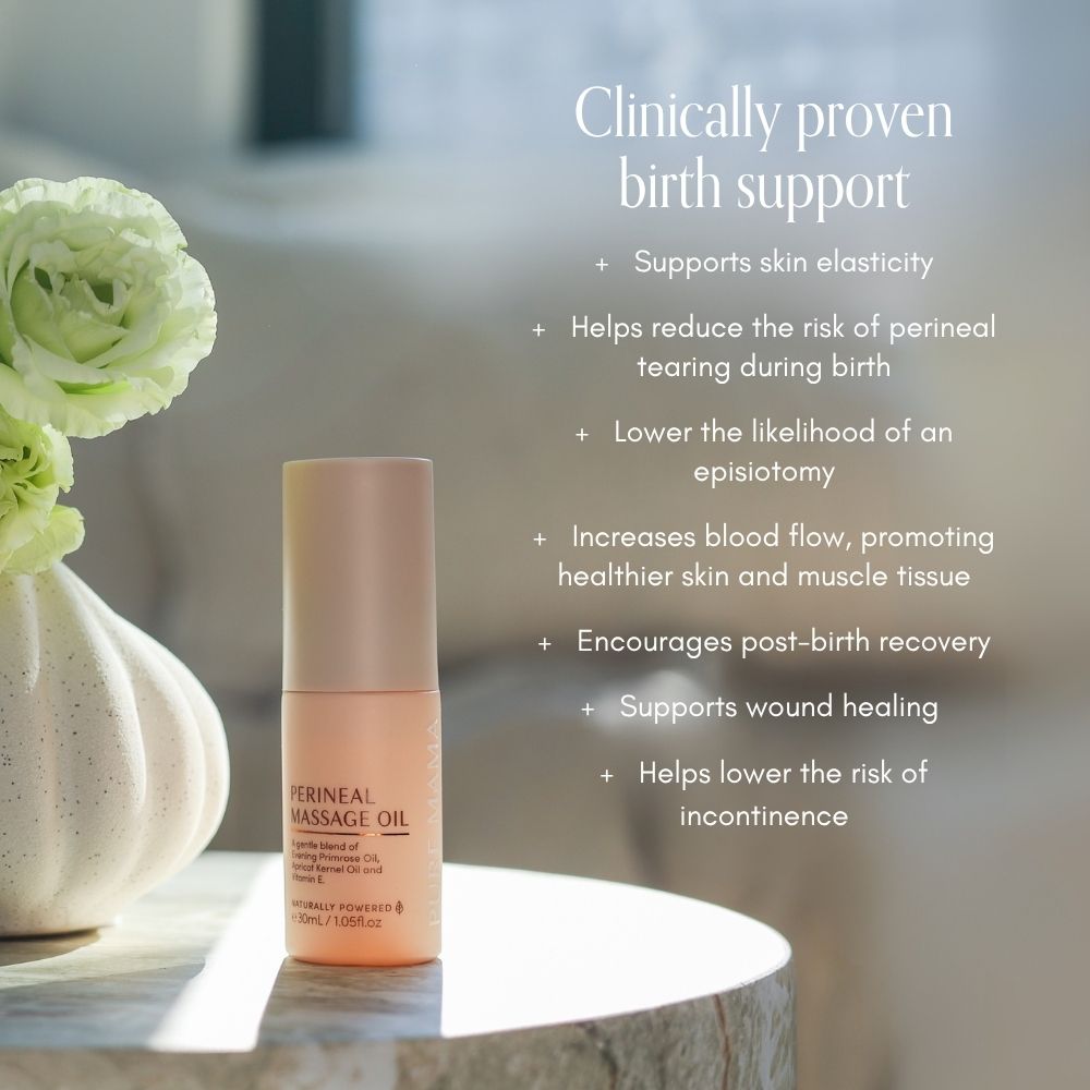 A bottle of Pure Mama NZ Perineal Massage Oil rests on a light surface by white flowers. Text highlights its clinical support for birth, aiding skin elasticity and reducing the risk of perineal tearing.