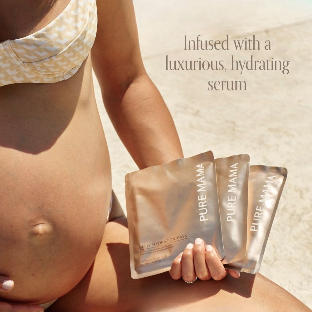 A pregnant woman in a beige patterned bikini holds three Pure Mama NZ Belly Hydration Mask packets. Text reads, Infused with a luxurious, hydrating serum. She relaxes outdoors in sunlight, nourishing her belly and caring for stretch marks.