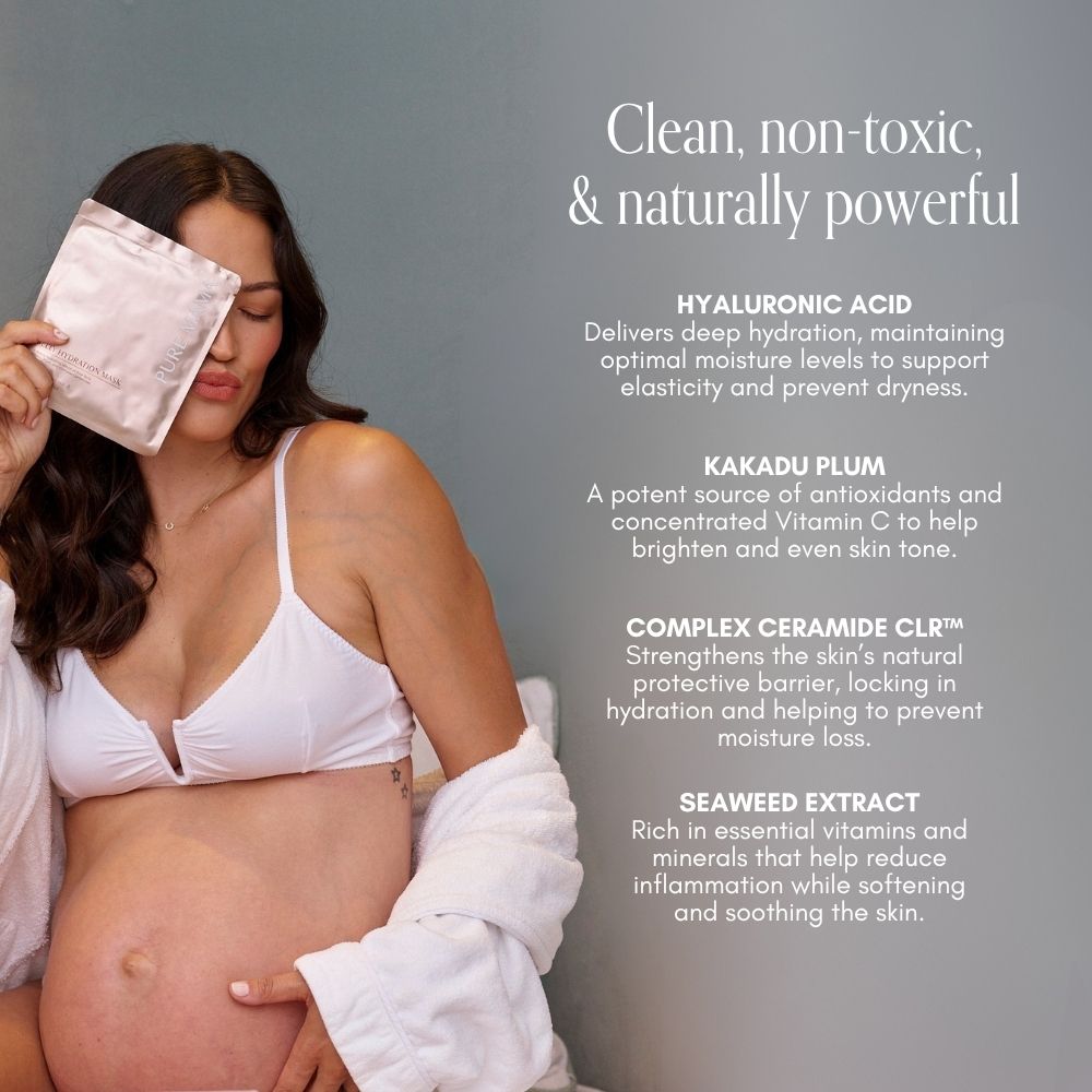 A woman in a white bra holds the Pure Mama NZ Belly Hydration Mask pouch. Text highlights hyaluronic acid, kakadu plum, ceramide complex, and seaweed extract for hydration and stretch mark care.