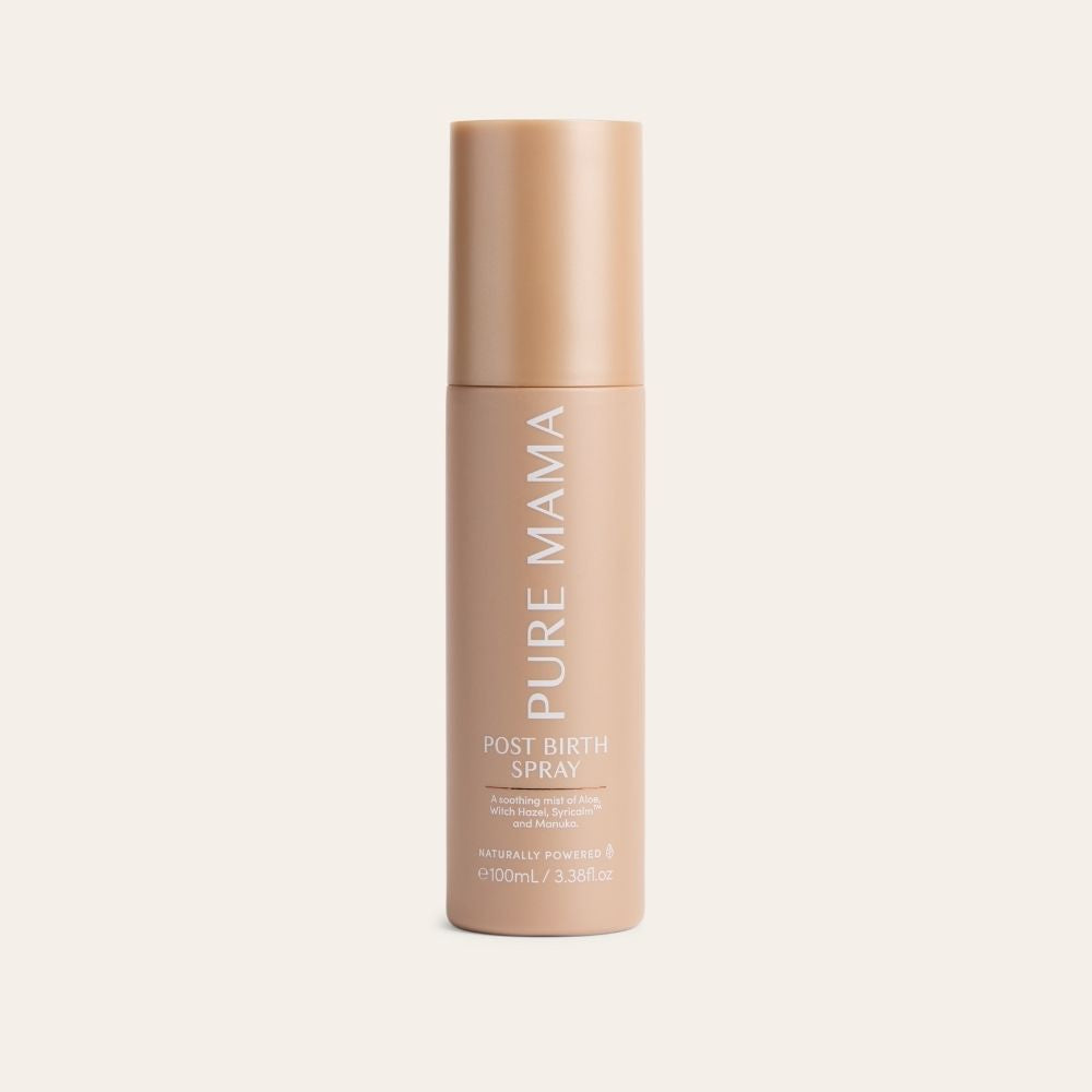 A beige bottle labeled Pure Mama NZ Post Birth Relief Spray, with a minimalist design, stands upright on a light background. The text notes it as a naturally powered postpartum relief spray in a 100 mL (3.3 fl oz) size.