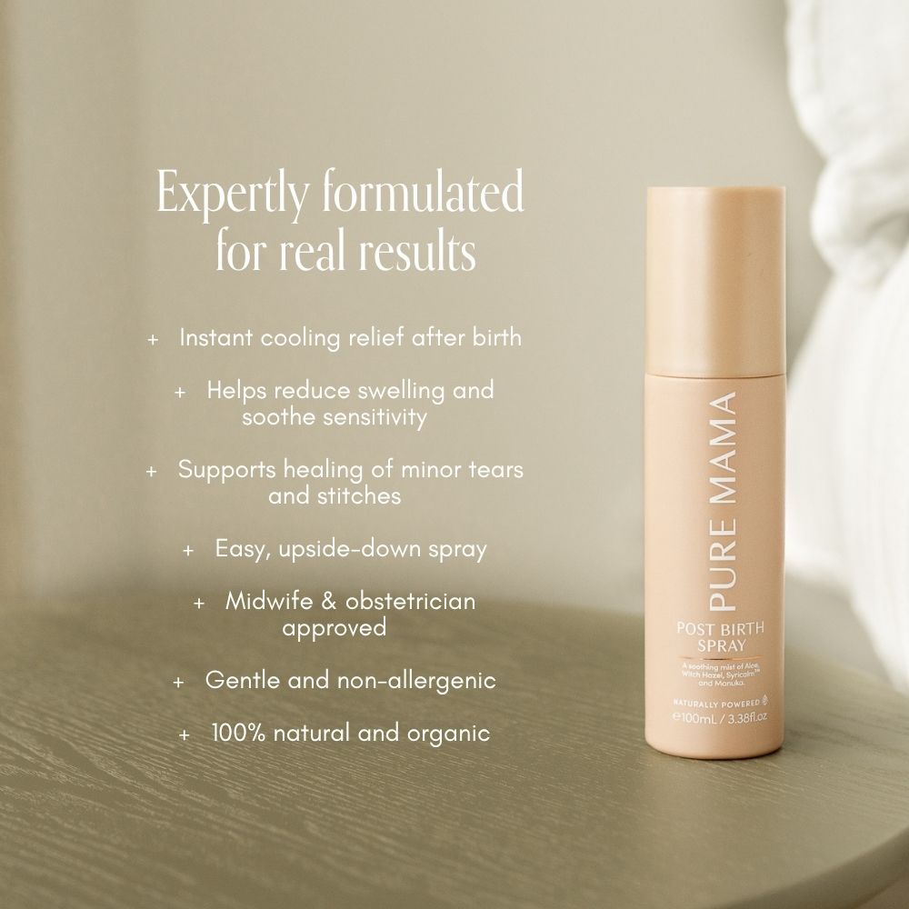A bottle of Pure Mama NZ Post Birth Relief Spray rests on a beige surface. Text highlights cooling relief, reduced swelling, vaginal recovery support, simple spray application, and natural, organic ingredients.