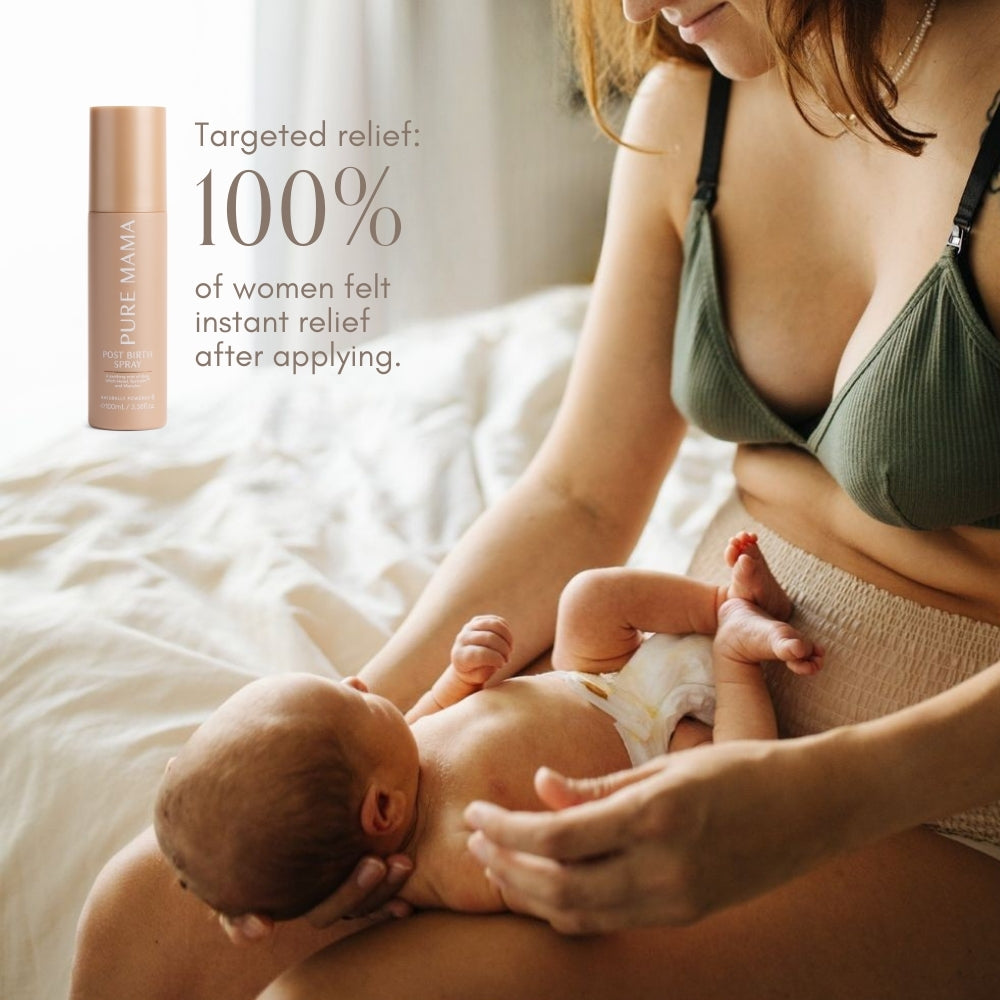 A mother in a green bra and beige shorts breastfeeds her baby, smiling down. Beside them sits Pure Mama NZ’s Post Birth Relief Spray with text stating 100% of women felt instant relief after using it.