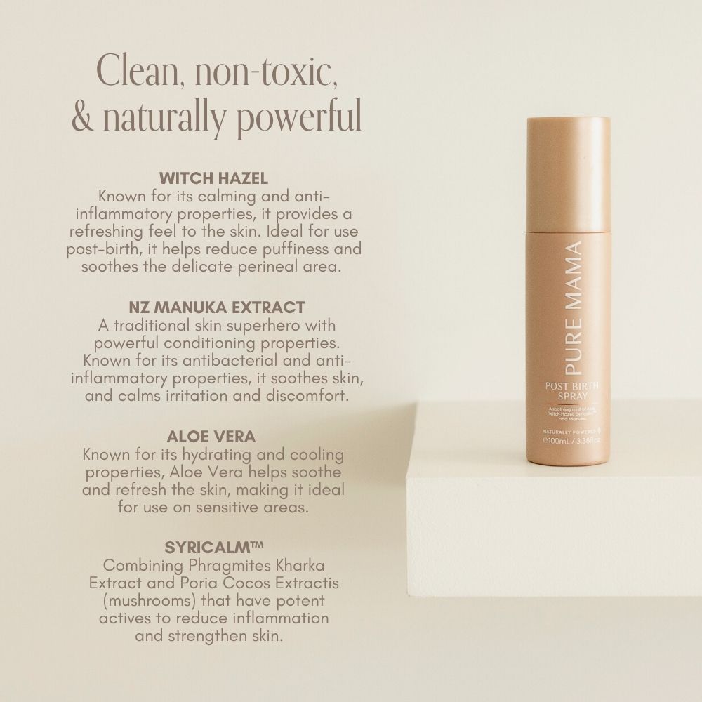 A tan bottle labeled Pure Mama NZ Post Birth Relief Spray sits on a white shelf. Text highlights soothing, healing ingredients for postnatal care: witch hazel, NZ manuka extract, aloe vera, and Syrcicalm™. Background is neutral and minimalistic.