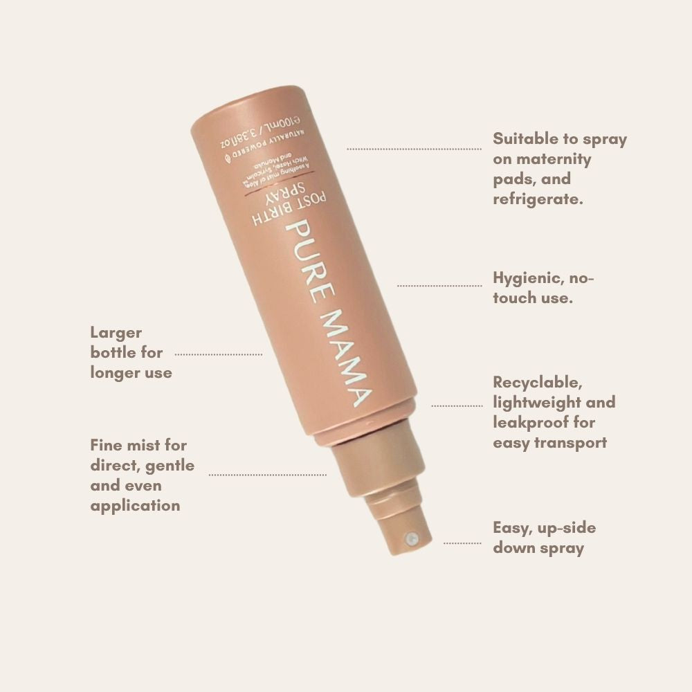 A tan Pure Mama NZ Post Birth Relief Spray bottle is shown, highlighting its larger size, fine mist, hygienic nozzle, recyclable material, upside-down spray function, and safe postpartum relief for use on maternity pads.