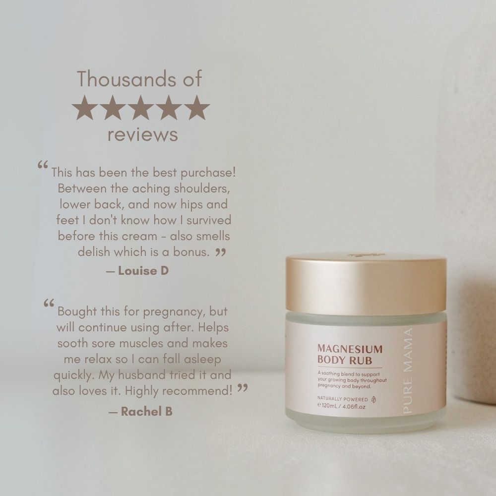 A jar of Pure Mama Magnesium Body Rub rests on a light surface, with text highlighting glowing reviews, high star ratings, and benefits like muscle relaxation plus soothing aches for enhanced comfort during pregnancy.