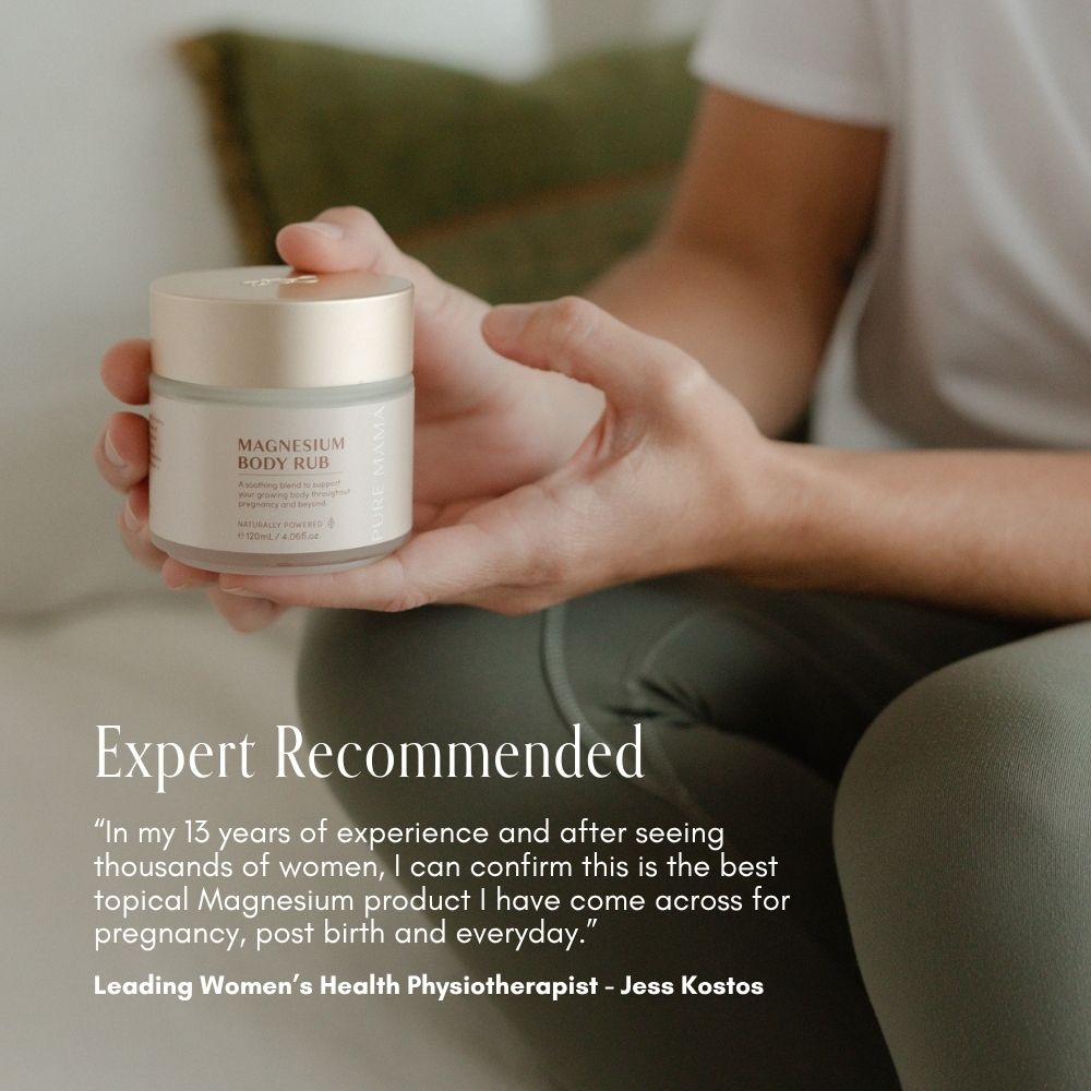 A person in light clothing holds Pure Mama Magnesium Body Rub, endorsed by a physiotherapist as the best topical magnesium for muscle relaxation and relief from aches and pains, especially during pregnancy and postpartum.