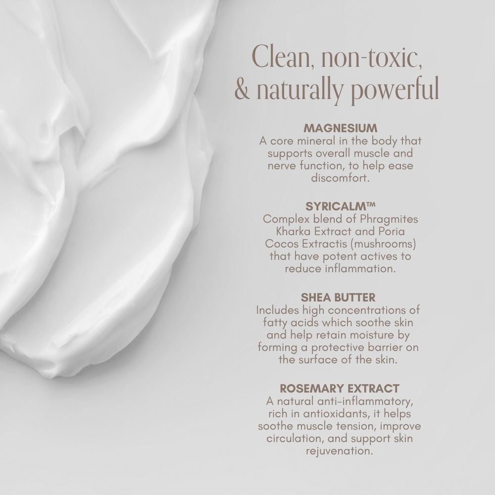 A white, creamy Magnesium Body Rub by Pure Mama is displayed on a light background, with text highlighting four natural skincare ingredients—magnesium, syricalm, shea butter, and rosemary extract—and their soothing benefits.