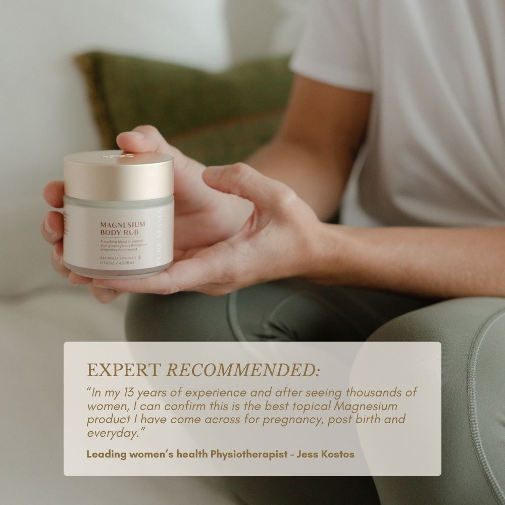 Wearing light green pants, a person holds Pure Mama NZ’s Pregnancy Care Set featuring magnesium body rub. Physiotherapist Jess Kostos recommends it for use during pregnancy, after birth, and every day.
