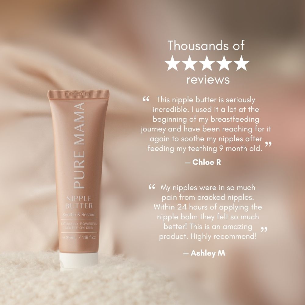 A tube of Pure Mama NZ Nipple Butter sits on beige fabric, surrounded by glowing customer reviews and a five-star rating that highlight its effectiveness at soothing cracked skin and supporting positive breastfeeding experiences.