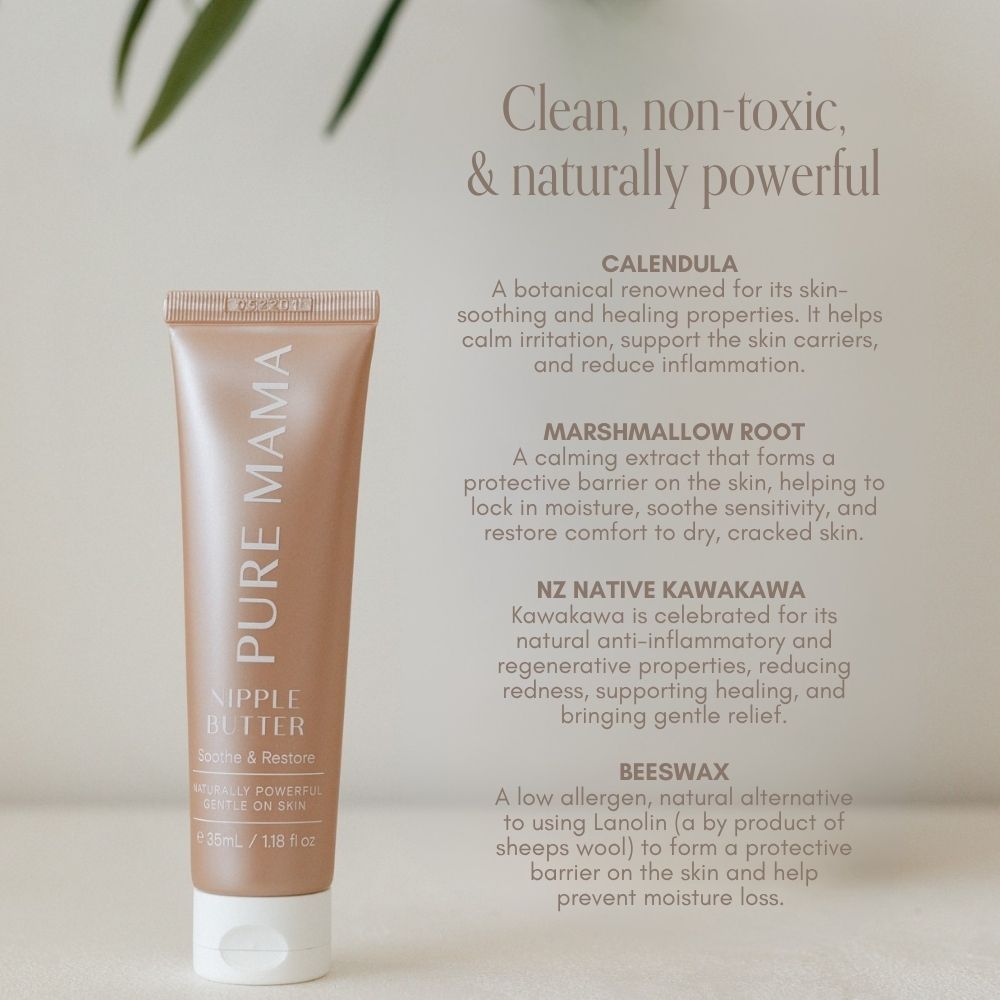 A tube of Pure Mama NZ Nipple Butter stands upright on a neutral background, with text highlighting its natural ingredients and cracked skin repair benefits in a light, minimalist setting.