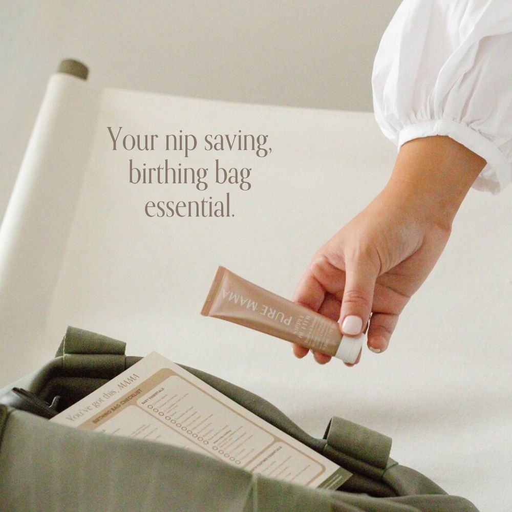 A hand holds a tube labeled Pure Mama NZ Nipple Butter above an open green bag with a checklist inside. Text reads: Your natural nipple balm and birthing bag essential.