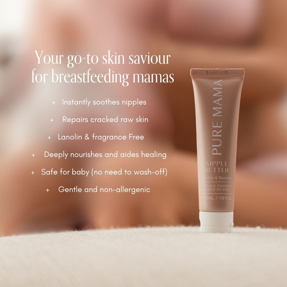 A tube of Pure Mama NZ Nipple Butter stands upright against a soft, blurred background. Text highlights its benefits for breastfeeding mothers—natural, lanolin-free balm that soothes and repairs cracked skin; safe for baby and gentle on skin.