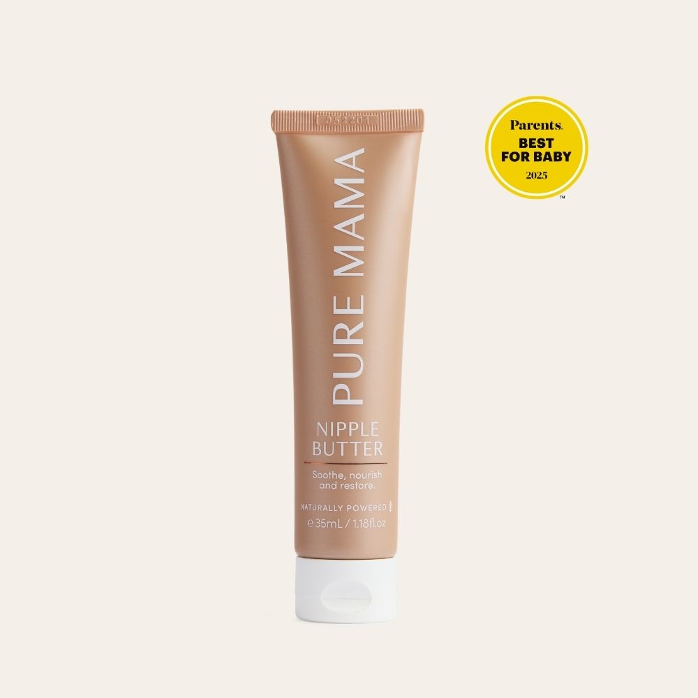 A tan tube of Pure Mama NZ Nipple Butter with white text and a gold cap stands upright on a light background beside a yellow “Parents Best for Baby 2024/25” badge. Ideal for repairing cracked skin.