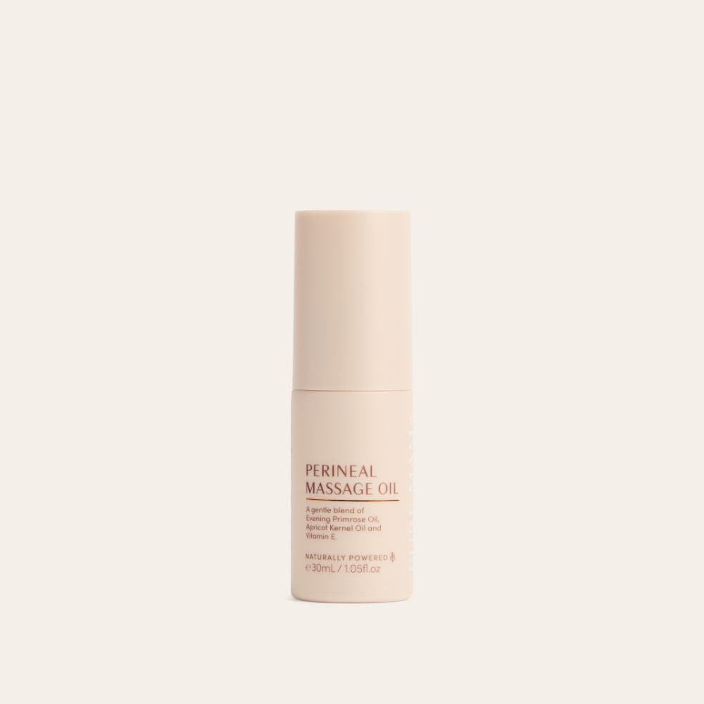 A beige 30 ml bottle of Pure Mama NZ Perineal Massage Oil stands upright on a light background. Made with sweet almond oil, apricot kernel oil, and vitamin E, it supports skin elasticity and helps reduce tearing during perineal massage.