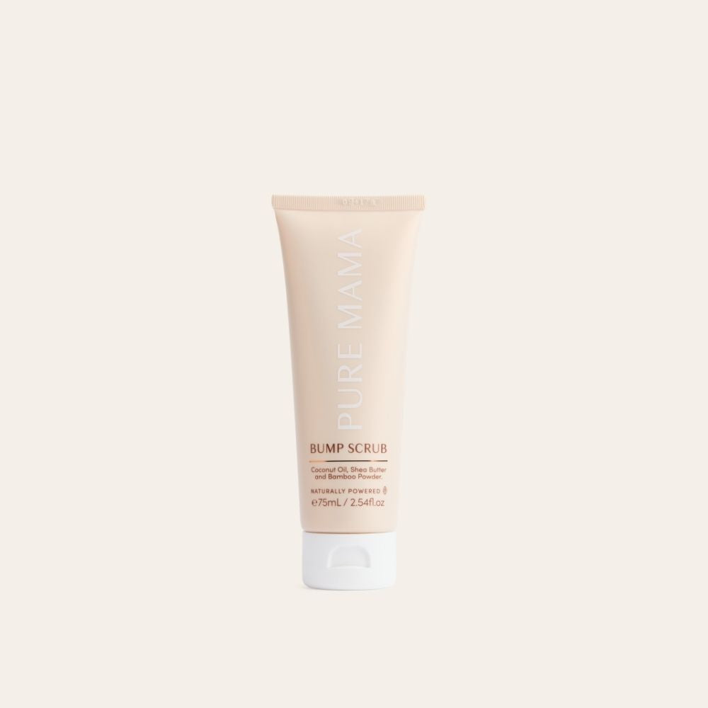 The 2.54fl.oz Bump Scrub by Pure Mama NZ, in a beige minimalistic tube, is designed for stretch mark prevention with Coconut, Lime, Blueberry Natural Bump Polish on the label, ensuring safety for expecting mothers. The net volume is 75mL against a light beige backdrop.