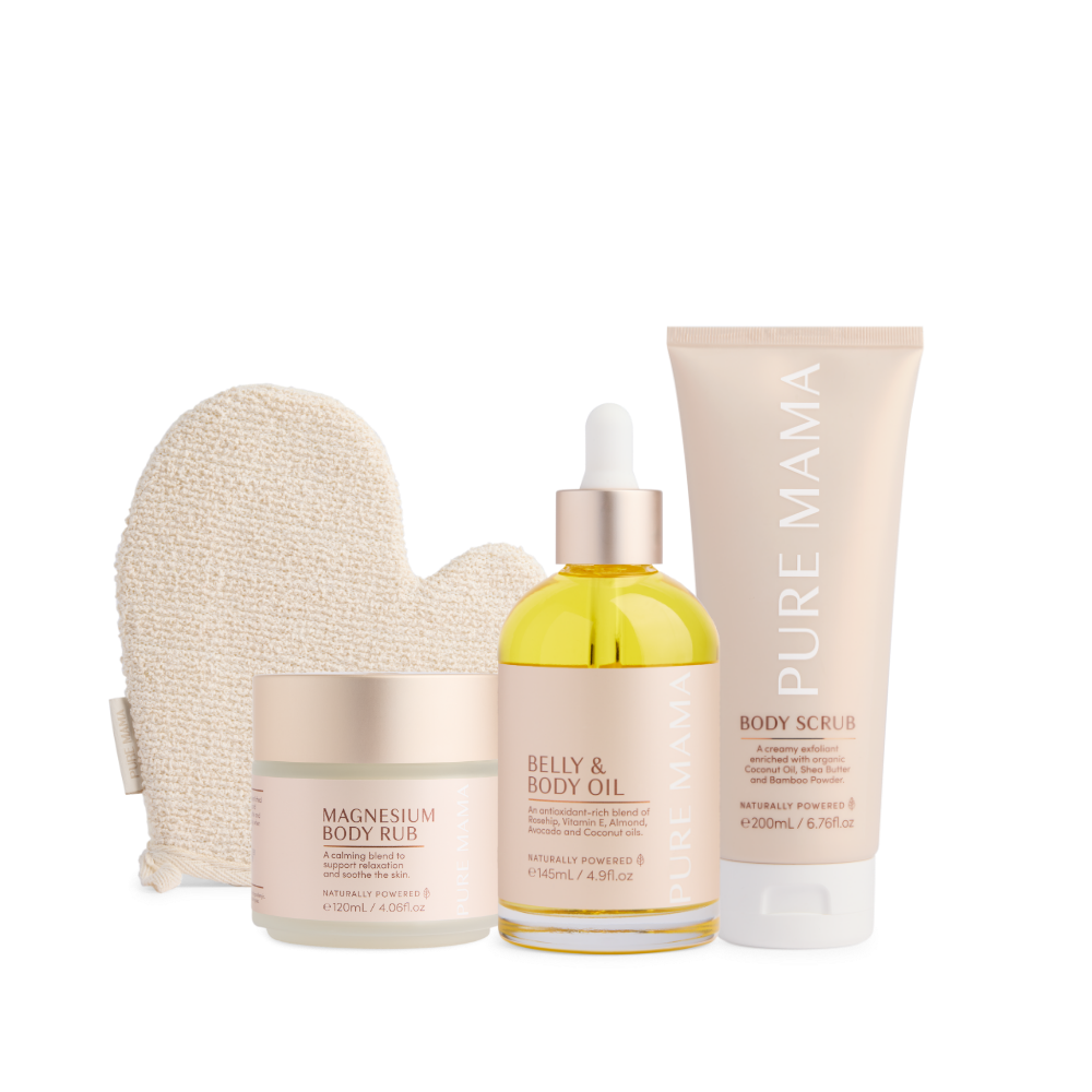 puremama。 ありがとうございます。 PREGNANCY CARE SET - FREE Body Scrub Mit & Keepsake Box – PURE