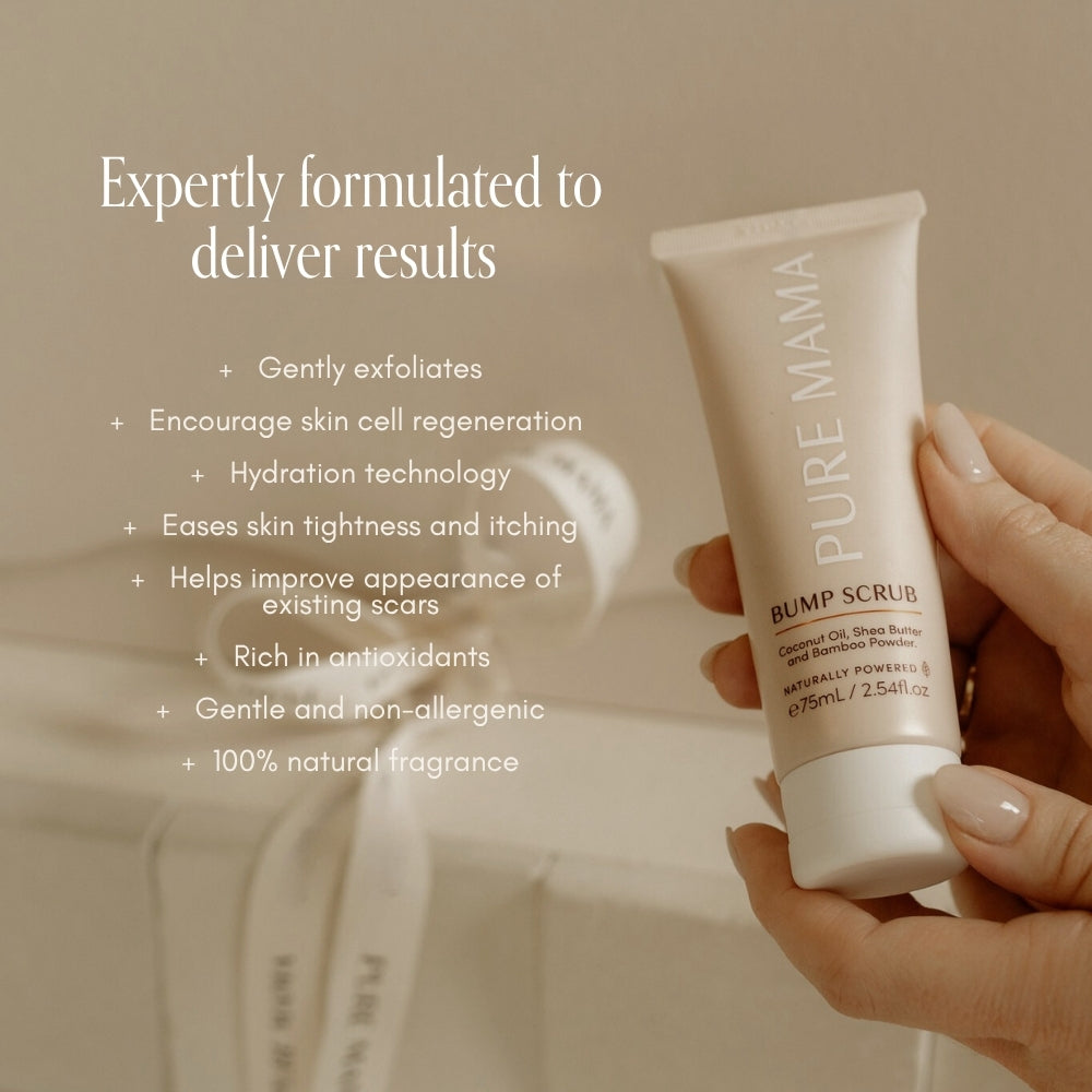 A hand holds a tube from the Pure Mama NZ Belly Spa Kit against a neutral background. Text highlights gentle exfoliation, hydration, scar improvement, antioxidants, and 100% natural fragrance—perfect for pregnancy self-care.