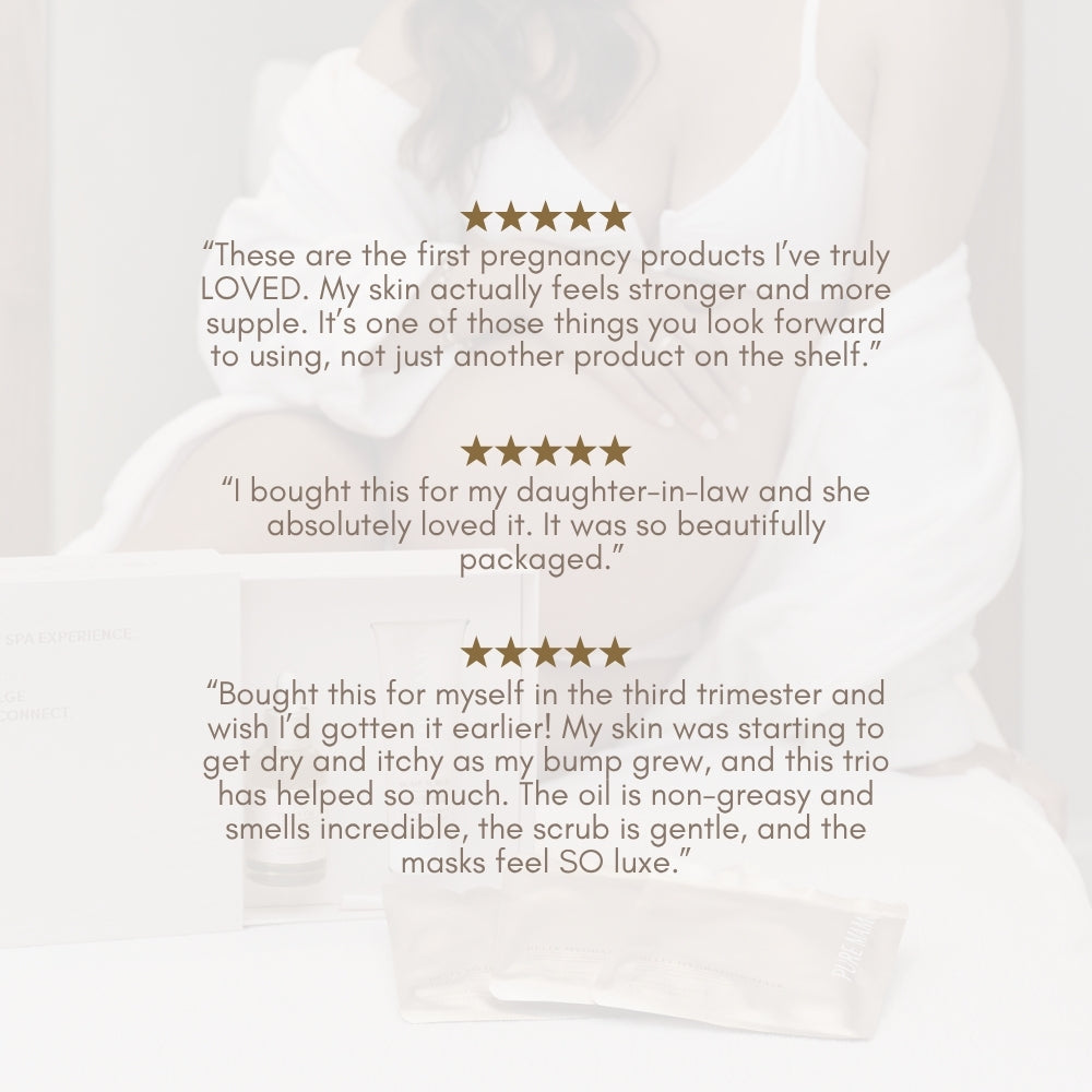 A woman in a white robe cradles her belly beside the Pure Mama NZ Belly Spa Kit and skincare items. Three 5-star reviews praise this self-care set for pregnancy skincare.