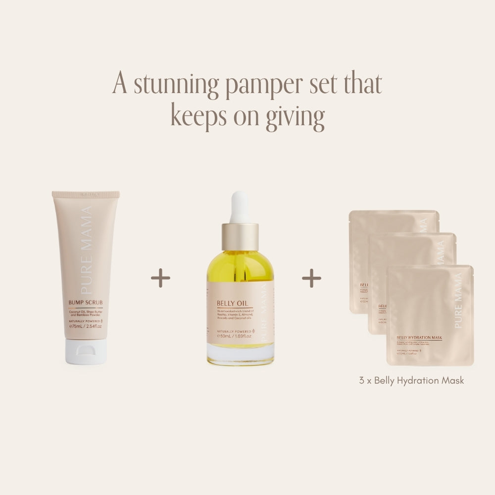 The Pure Mama NZ Belly Spa Kit features a bump scrub, belly oil dropper, and three belly hydration mask packets for luxurious pregnancy self-care.