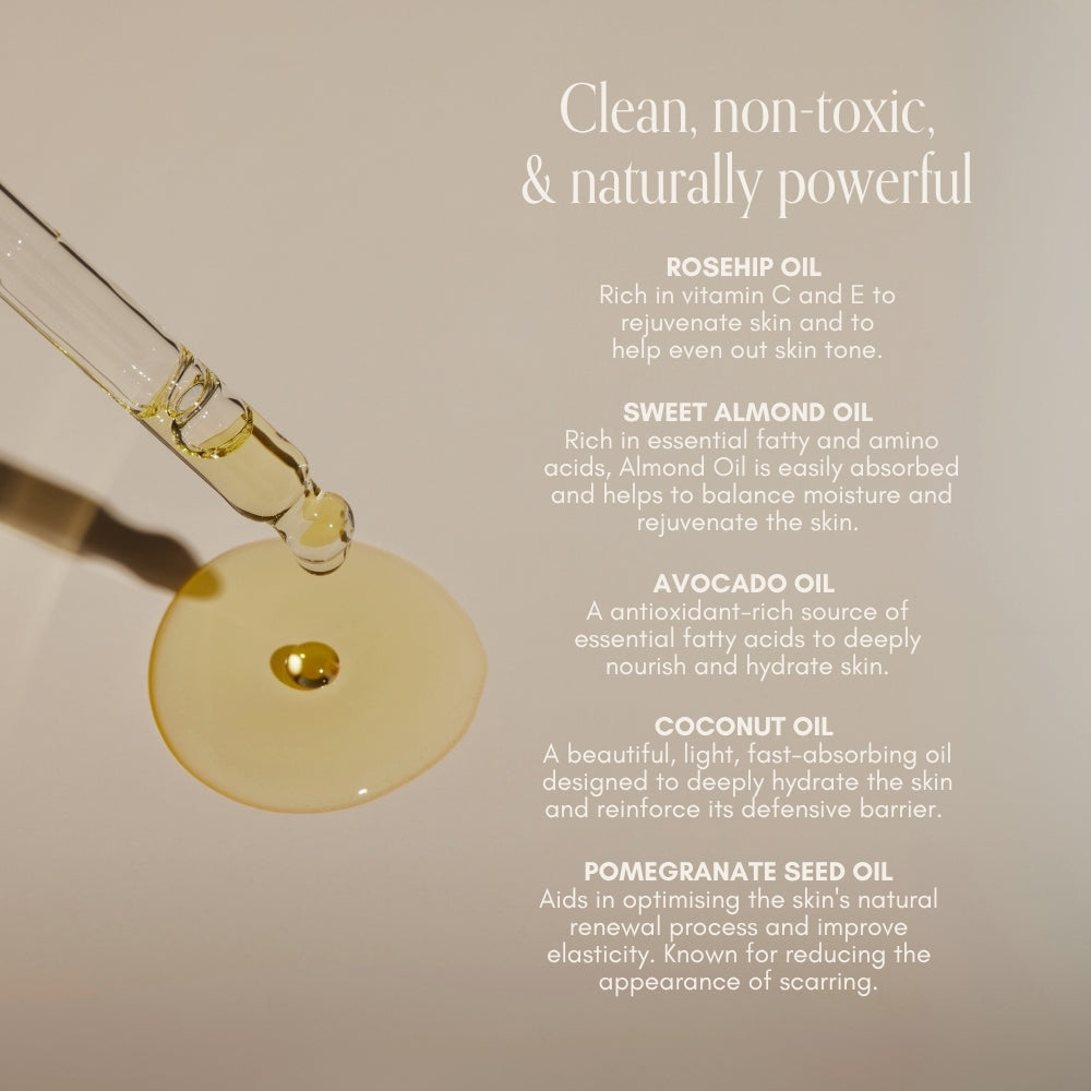 A dropper dispenses golden oil onto a light surface as benefits of five natural oils appear onscreen, showcasing Pure Mama NZ’s Belly Spa Kit—perfect for pregnancy self-care with nourishing, rejuvenating ingredients for glowing skin.