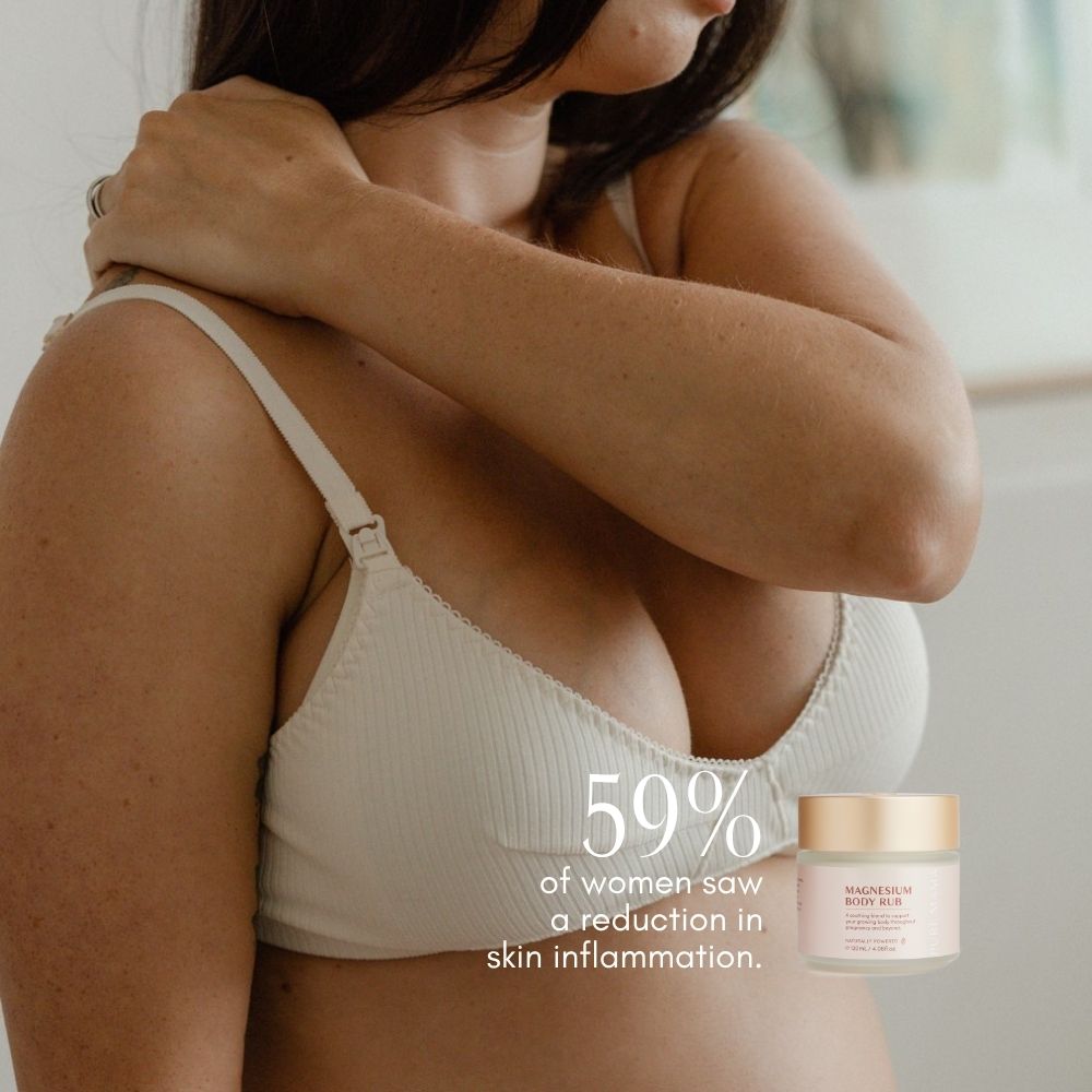 A woman touches her shoulder next to a jar of Pure Mama Magnesium Body Rub. Text: 59% of women experienced less skin inflammation and relief from aches and pains with Pure Mama Magnesium Body Rub.