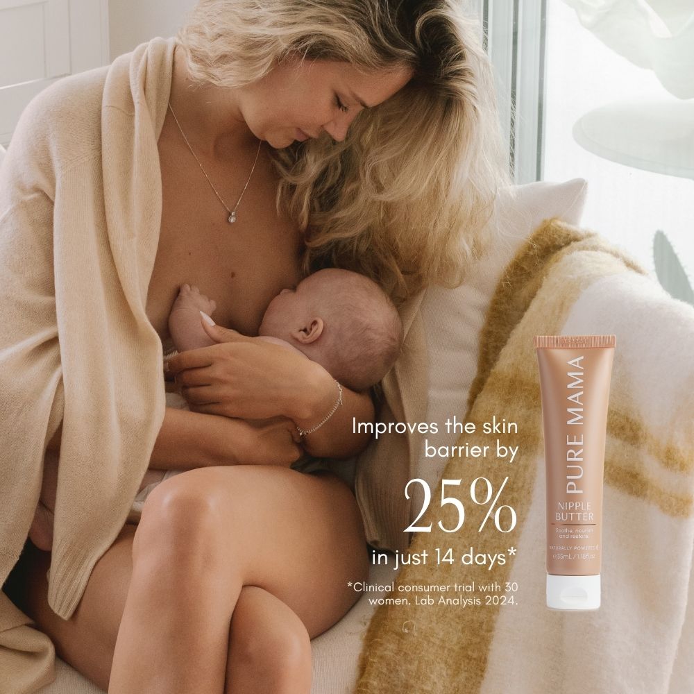 A mother with long blonde hair breastfeeds her baby wrapped in a beige blanket, next to Pure Mama NZ Nipple Butter, which highlights its skin barrier benefits and cracked skin repair for nursing mothers.