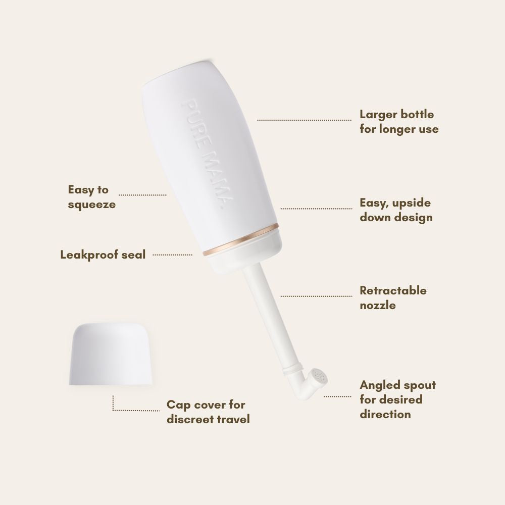A white squeeze Peri Wash Bottle by Pure Mama NZ features a retractable, angled nozzle with cap, leakproof seal, ergonomic design, easy squeeze for postpartum use, larger size, and discreet travel.