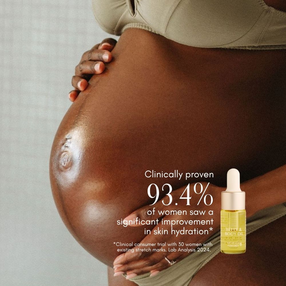 A close-up of a pregnant woman’s belly with stretch marks and a hand on top. Text: “Clinically proven—93.4% of women saw significant skin hydration.” Pure Mama NZ Belly Oil Mini dropper bottle is shown.